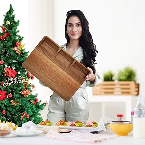 AZRHOM Large Acacia Wood Cutting Board for Kitchen 17x12x1.5 with 3 Compartments, Handles & Juice Groove, Non-Slip Mats, Thick Heavy Duty Butcher Block Charcuterie Board (Gift Box Included)