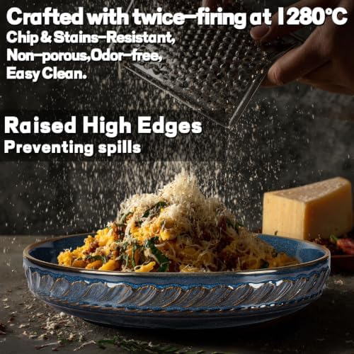 Artena Pasta Bowls, 50oz Large Salad Serving Bowls, 9.75'' Plates Bowls Set of 4, Big Ceramic Soup Bowls for Kitchen, Embossment Shallow Dinner Bowl, Microwave Dishwasher Safe, Willow Leaf, Blue