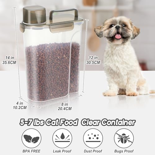 LEAWALK 5-7Lbs Dog Cat Food Storage Container with Upgraded Large Nozzle BPA-free, 4 Snap Seals Plastic Pet Food Storage Containers with Handles (Clear Brown, 5L-1pack)