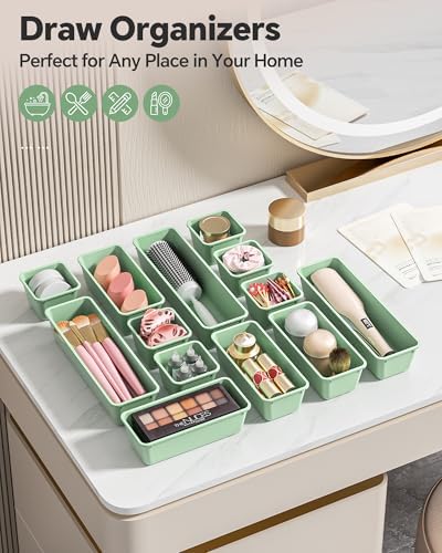 Canfanni 13 Pack Plastic Drawer Organizers Set, 3 Sizes Desk Drawer Organizer Trays for Vanity and Makeup Organizer, Organization and Storage for Makeup, Kitchen Utensils, Bathroom and Office(Green)