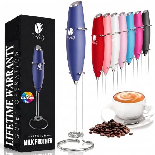 Bean Envy Milk Frother Handheld - Coffee Mixer Wand with Stand - Blue