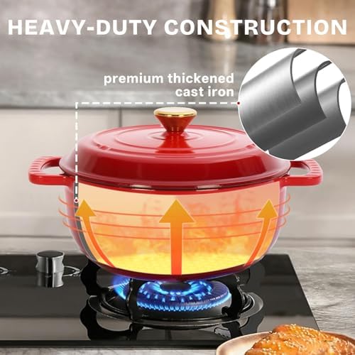 Bonnlo 5QT Round Dutch Oven, Enameled Cast Iron Dutch Oven Pot with Lid & Dual Handles, Oven Safe Up to 500° F, for Sourdough, Bread Baking, Stews and Roasting, Red