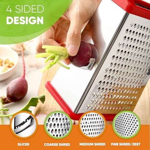 Spring Chef Stainless Steel XL Cheese Grater for Kitchen, Red