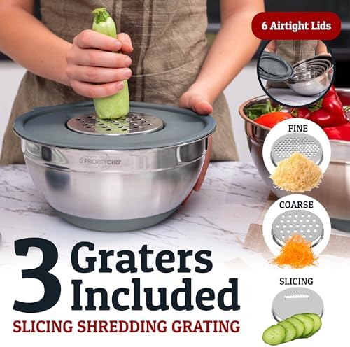 Priority Chef 6Pc Stainless Steel Mixing Bowls with Lids Set, Huge 7 Qrt Size Metal Bowl Set for Kitchen, 3 Graters, Non-Slip Bases & Silicone Utensils Set, Grey
