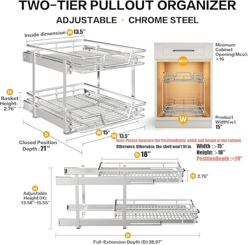 2-Tier Kitchen Cabinet Pull Out Shelf and Drawer Organizer Slide Out Pantry Storaqe Basket in Multiple Sizes (15" W x 21" D)