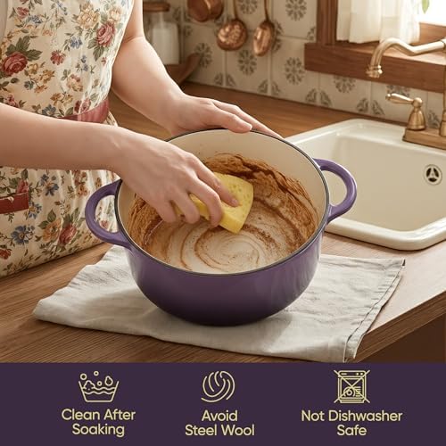 Vintage Style 6 Quart Dutch Oven Pot with Lid, Non Stick Enameled Cast Iron Dutch Oven for Bread Baking, Heavy-Duty, Oven Safe Ceramic Cookware Up to 500°F for Baking, Braising, Stews, Roasting, Purple