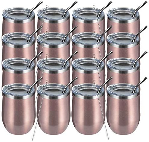 MEWAY 12oz Wine Tumbler 16 Pack Bulk Gifts for Women,Double Wall Vacuum Stainless Steel Travel Mug with Lid,Insulated Stemless Wine Cup Glass for Coffee,Cocktails,Drinks(Rose gold,Set of 16)