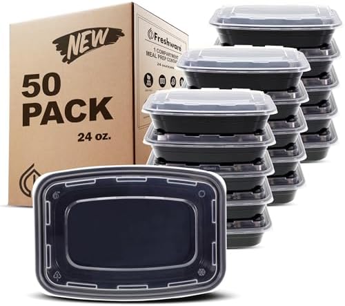 Freshware Meal Prep Containers [50 Pack] 1 Compartment with Lids, Food Storage Containers, Bento Box, BPA Free, Stackable, Microwave/Dishwasher/Freezer Safe (24 oz)