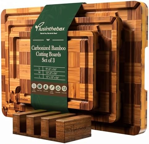 Checkered Cutting Board Set, Set of 3 Deep Carbonized Bamboo Cutting Boards with Holder for Kitchen, Butcher Block Style Chopping Boards for Serving, Charcuterie, Meat, Fruit and Meal Prep