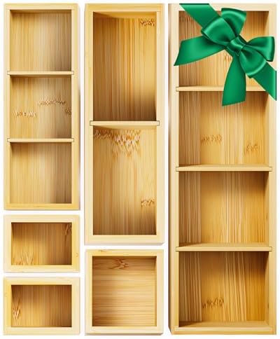 Bamboo Drawer Organizer Set, 6 PCS Trays with 12 Compartments
