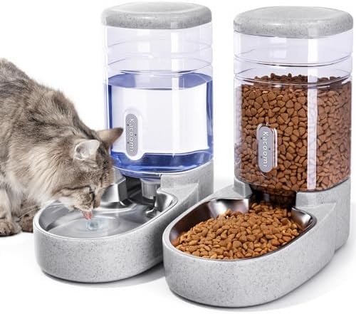Automatic Cat Feeder and Water Dispenser with Stainless Steel Bowl Gravity Food Feeder and Waterer Set for Small Medium Dog Puppy Kitten 1 Gallon x 2(Grey)
