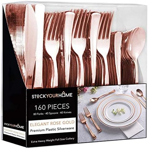 Rose Gold Plastic Silverware Set (160 Bulk Pack) Disposable Cutlery Utensils, 80 Forks, 40 Knives, 40 Spoons, Heavy Duty Rose Gold Flatware For Holidays, Parties, Dinners, Weddings, and Occasions