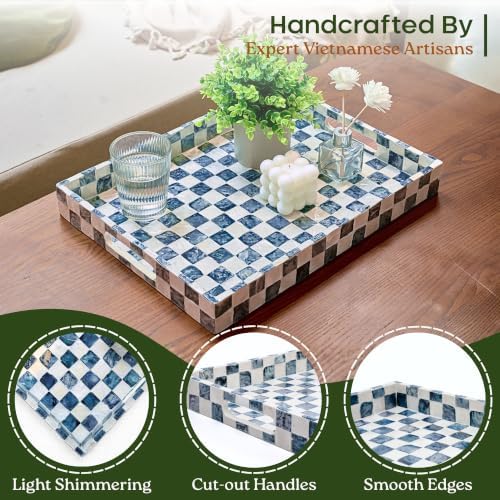 CHI AN HOME 16"x12" Capiz Shell Coastal Decorative Serving Tray, Navy Blue