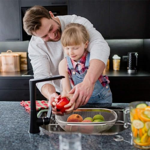 AJIODA Over The Sink Colander, 6 Quarts Stainless Steel Oval Colander with Expandable Rubber Grip Handle, Fine Mesh Strainer Baskets Kitchen Colanders for Strain, Drain, Rinse Vegetables, Mint Green