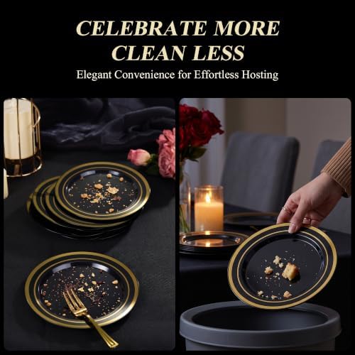 BESTSTAR 100PCS 7 Inch Black and Gold Plastic Plates