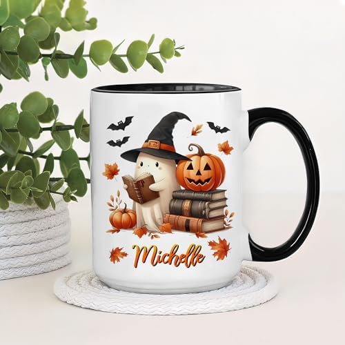 Hyturtle Personalized Cute Ghost Read Book Mug - Book Gifts For Women Lover - Bookish Gift For Bookworm Librarian - Inspirational Librarian Teacher Present - Custom Coffee Cup Ceramic Mug 11 Oz 15 Oz