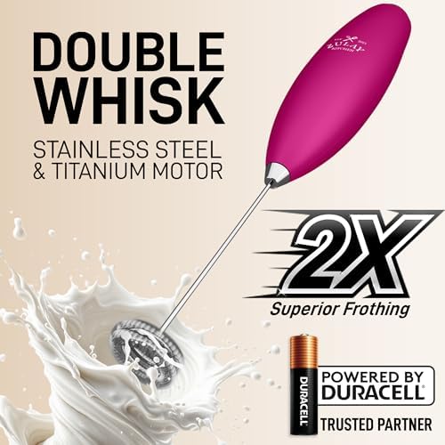 Zulay Kitchen Powerful Milk Frother Wand With Duracell Batteries - Ultra Fast Handheld Drink Mixer - Electric Whisk Foam Maker for Coffee, Lattes, Cappuccino & Matcha - Double Whisk - Dragonfruit