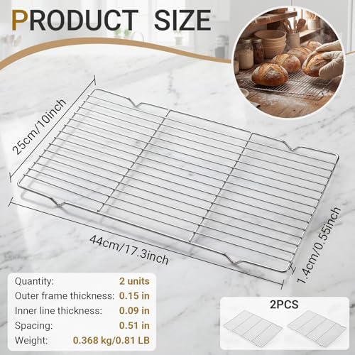 Lounsweer 2 Pack Cooling Racks, 10L x 18W x 1H Stainless Steel Wire Rack for Baking Sheet, Large Cookie Cooling Rack, Oven Safe Cooking Racks for Sheet Pan, Dishwasher Safe, Full Size
