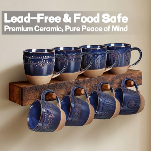 Artena Ceramic Coffee Mugs Set of 4, 16oz Embossed Large Latte Mugs Coffee Cups with Handle for Tea, Latte, Cappuccino & Cocoa, Milk Dishwasher & Microwave Safe, Blue (Willow Leaf)