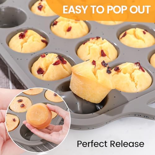 CAKETIME Silicone Muffin Pans for Baking, Metal Reinforced Frame Regular 12 Cups & Mini 24 Cups Cupcake Pan Set Nonstick Muffin Pan for Homemade Baking Easy to Handle