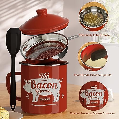 PGYARD Bacon Grease Container with Strainer-46OZ Enamel Keeper with Spatula
