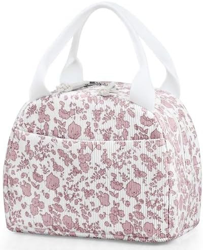 TESAFNG Lunch Bag - Insulated Lunch Box for Women, Reusable Large Capacity Cooler Bag for Adult, Small Leakproof Cute Corduroy Lunch Tote for Work Office Travel Picnic (Corduroy Pink-Flower)