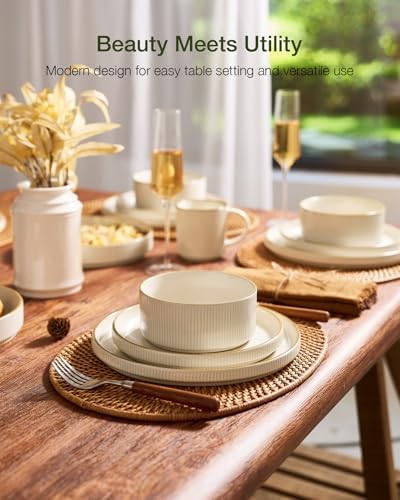Famiware Star Stoneware Dinnerware Sets for 8, Rimmed Plates and Bowls Set