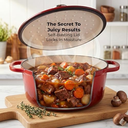 Zulay Kitchen 6.4QT Enameled Cast Iron Dutch Oven Pot with Lid, Heat Pad & Trivet, Heavy-Duty Soup Pot for Stews, Braising, Roasting & Sourdough Bread Baking, Oven Safe up to 500°F - Ablaze Red