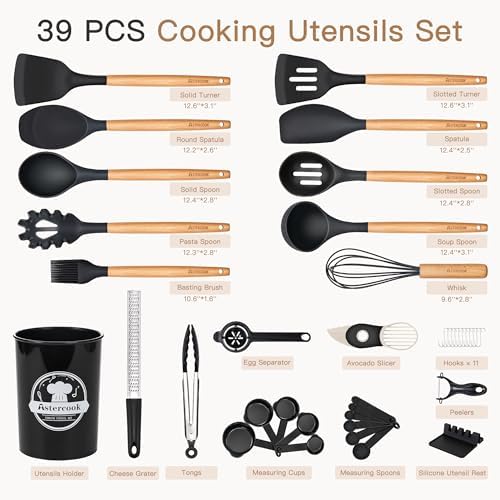 Astercook 39 PCS Kitchen Utensils Set, Silicone Cooking Utensil Sets with Wooden Handle, 446°F Heat Resistant Food Grade Spatula Set, BPA Free Kitchen Gadgets Tools Set & Spoons for Nonstick Cookware
