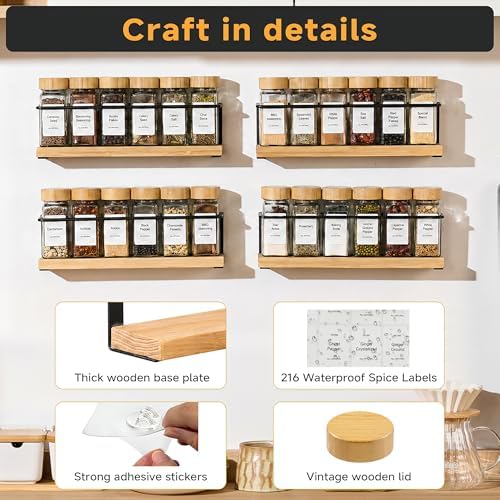 4-Tier Wall Mount Spice Rack Organizer with 24 Glass Jars, 216 Labels & Funnel - Screw/Adhesive Mount, Black Metal & Bamboo Spice Storage for Kitchen Pantry Cabinet, 11.6”W x 2.4”D x 3.2”H