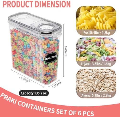 PRAKI Large Dry Food Storage Containers with Lids, 6PCS Airtight Cereal Containers Storage Set, Leak-proof Canister Set for Kitchen Pantry Organization with 20 Labels & Marker (4L Black)