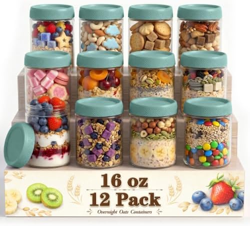 16oz Glass Jar with Lid, Over Night Oats Container with Lid, Storage Jars