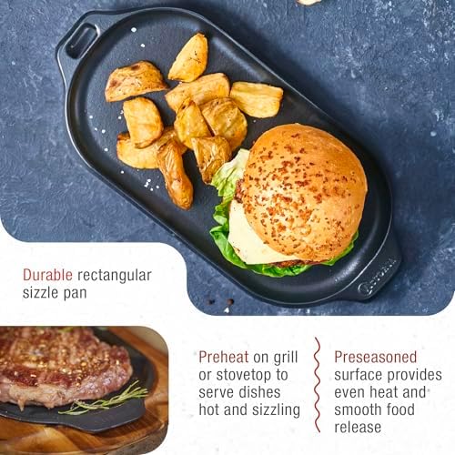 Victoria 13.5-Inch Rectangle Cast Iron Sizzle Pan, Preseasoned Grill and Baking Pan for Fajitas and Steaks, Made in Colombia