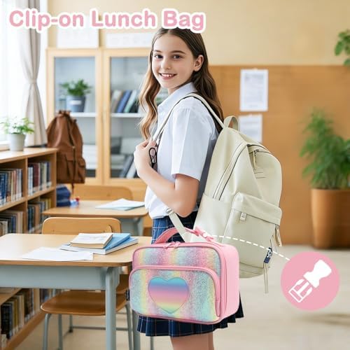 FlowFly Kids Lunch box Insulated Soft Bag Mini Cooler Back to School Thermal Meal Tote Kit for Girls, Boys,Glitter-RainBow