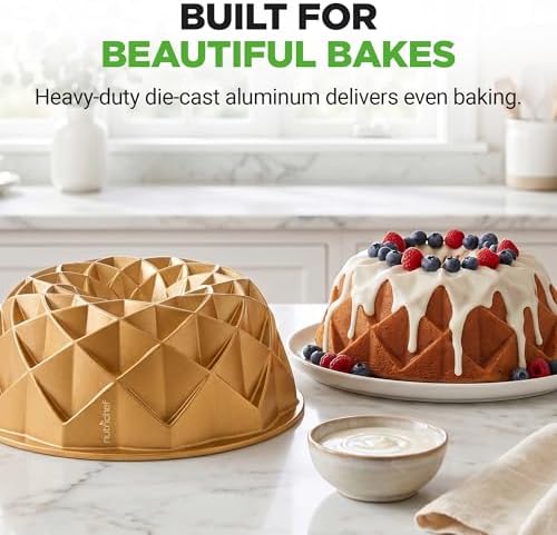 NutriChef 9-Inch Cake Pan - 9 Cups Nonstick Heavy Cast Aluminum Cake Mold for Baking - French Wreath Design for Uniform Baking - Easy to Clean, Gold