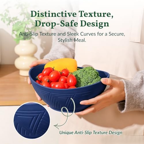 Homienly Wheat Straw Bowls, 9.6 inch Salad Bowls, Large Serving Dishes for Wedding Parties, Camping, 60 OZ Bowl Set for Salad, Popcorn, Oval Shape, Microwave & Dishwasher Safe, Set of 4, Dark Blue