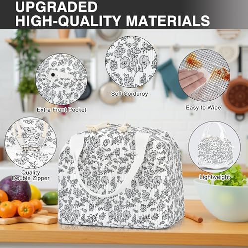 TESAFNG Lunch Bag - Insulated Lunch Box for Women, Reusable Large Capacity Cooler Bag for Adult, Small Leakproof Cute Corduroy Lunch Tote for Work Office Travel Picnic (Corduroy White-Floral)