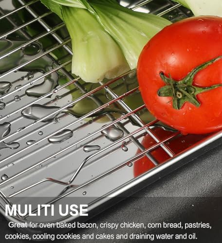 Stainless Steel Baking Sheet Tray Cooling Rack with Silicone Baking Mat Set, Cookie Pan with Cooling Rack, Set of 6 (2 Sheets + 2 Racks + 2 Mats), Size 16 x 12 x 1 Inch, Easy Clean (Pack of 2)