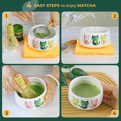 Aprika Life Matcha Whisk Set 6 Pcs - Ceramic Matcha Bowl, Bamboo Whisk, Matcha Whisk Holder, Scoop, Sifter & Tea Cloth - Traditional Handmade Matcha Set - Unfurl Matt White with Cat print