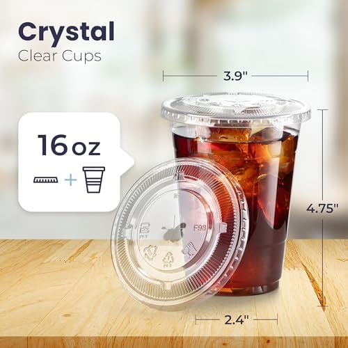 Fit Meal Prep 600 Pack 16 oz Clear Plastic Cups with Flat Lids, Disposable Iced Coffee Cups, BPA Free Premium Crystal Smoothie Cup for Party, Lemonade Stand, Cold Drinks, Juice, Milkshake