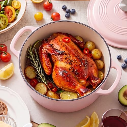 NEWBULIG Cast Iron Dutch Oven, 6 Quart Enamel Dutch Oven Pot with Lid, Heavy Duty Cookware for Sourdough Bread, Braising, Stews, Roasting, Safe up to 500°F, Pink