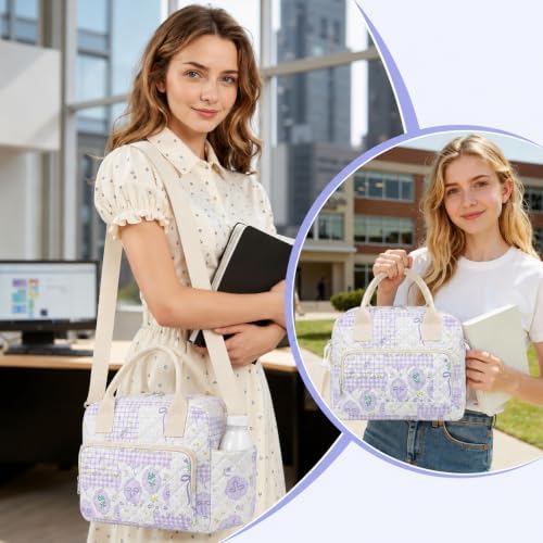 WOBAGMEN Quilted Lunch Box for Women,Large Floral Insulated Lunch Bag with Multiple Pockets,Adjustable Strap,Reusable Lunch Tote Box for Work Picnic Travel (Purple Bow Floral pin, M)