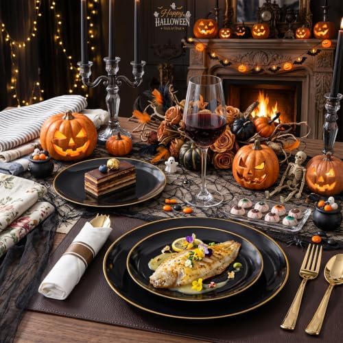 KIRE 60PCS Black Plastic Plates - Black Disposable Plates with Gold Rim - Include 30Pcs 10.25inch for Dinner and 30Pcs 7.5inch for Dessert for Wedding/Graduation/Party/Halloween/New Year