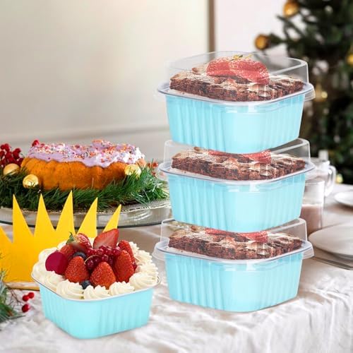 30Pack 5oz Blue Mini Cake Pans with Lids and Spoons Baking Cups Aluminum Foil Pans Tins, Individual Dessert Cups Containers for Sales,Party,Picnics