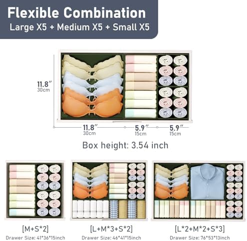 DIMJ Drawer Organizer Clothes, 15 Pack Dresser Organizer, Foldable Closet Organizers and Storage, Fabric Dresser Bins, Drawer Dividers for Nursery, Baby Clothes, Underwears, Sock (Green)