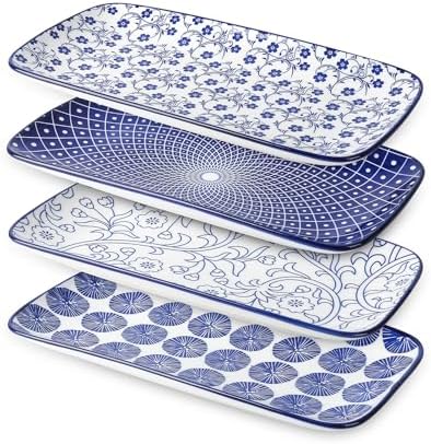 Selamica Ceramic Serving Platters, 14 Inch Serving Trays for Party Entertaining, Large Rectangular Serving Plates for Appetizer, Charcuterie, Dessert, Fruit, Set of 4, Vintage Blue