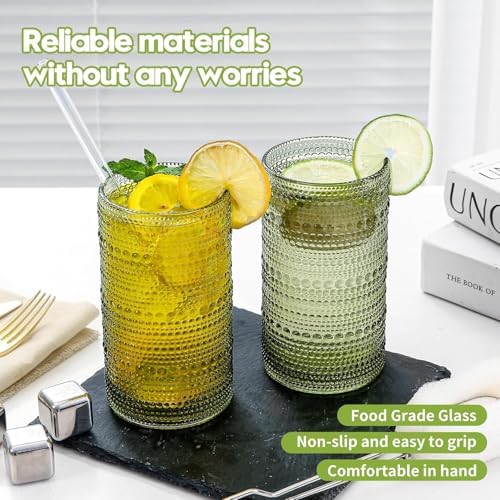 16oz Green Hobnail Drinking Glasses with Straws Set of 12, Highball Glasses Cups, Kitchen Water Glasses Cup, for Cocktail, Juice, Whiskey, Milk and Various Mixed Drinks