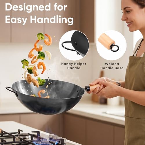 NEWBULIG 13.5" Carbon Steel Wok Pan, Pre-Seasoned Flat Bottom Wok for Stir Fry, BBQ, Grill & Camping, Compatible with Induction, Electric, Gas and Open Fire, Black