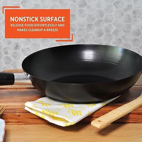 Imusa Carbon Steel Nonstick Wok 9.5 in Flat Bottom Wok_Pan for Electric Stove with Cool Touch Handle, Black Coating, Lightweight Steel Wok for Stir Fry and Fried Rice (Pack of 6)