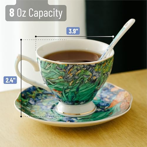 BTaT- Tea Cups and Saucers, Set of 6 with Spoon, 8 oz, Fine Porcelain Teacup Set with Gold Trim for Afternoon Tea, Weddings, Parties & Gifting, Dishwasher Safe, Lightweight, Non-Toxic